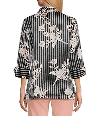 Multiples Petite Size Shimmer Woven Floral Wire Collar 3/4 Turn-Up Cuff Sleeve Button-Front Shirt