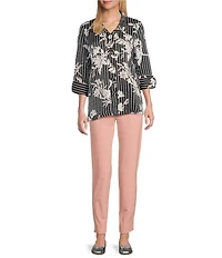 Multiples Petite Size Shimmer Woven Floral Wire Collar 3/4 Turn-Up Cuff Sleeve Button-Front Shirt