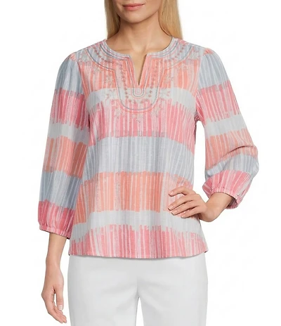 Multiples Petite Size Slub Jersey Knit Embroidered Split V-Neck 3/4 Sleeve Georgette Top