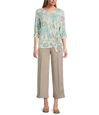 Multiples Petite Size Slub Knit Batik Multi V-Neck 3/4 Dolman Sleeve Top