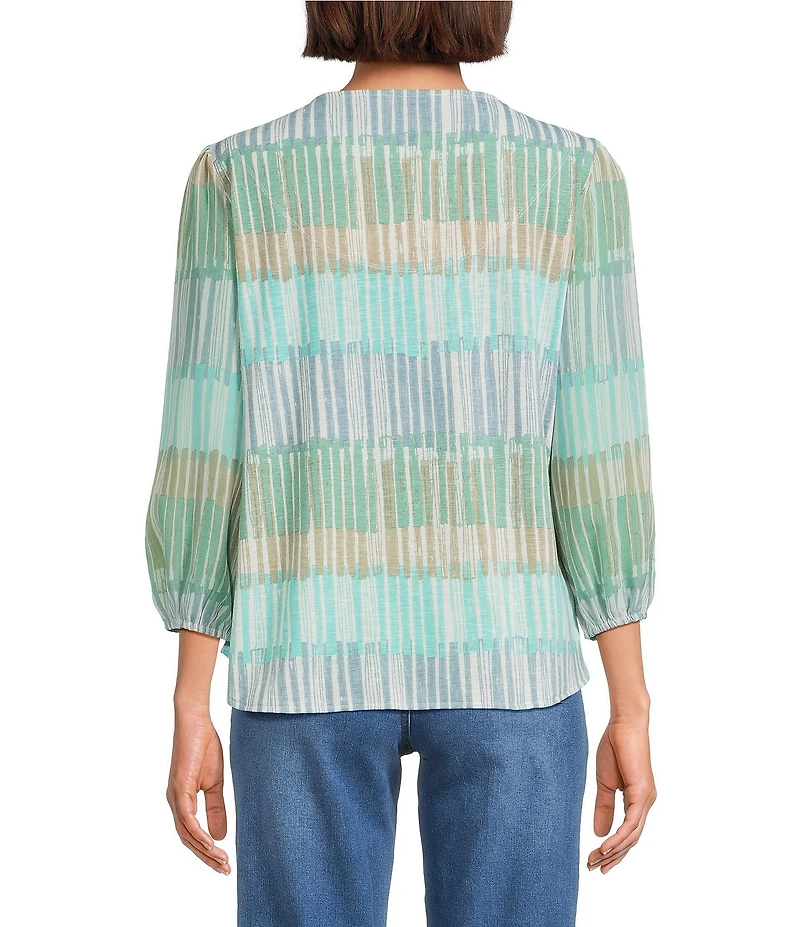 Multiples Petite Size Slub Knit Embroidered Printed Split V-Neck 3/4 Sleeve Top
