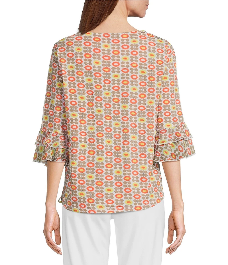 Multiples Petite Size Slub Knit Georgette Floral Multi Boat Neck 3/4 Sleeve Fitted Ruched Side Drawstring Top