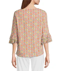 Multiples Petite Size Slub Knit Georgette Floral Multi Boat Neck 3/4 Sleeve Fitted Ruched Side Drawstring Top