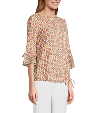 Multiples Petite Size Slub Knit Georgette Floral Multi Boat Neck 3/4 Sleeve Fitted Ruched Side Drawstring Top