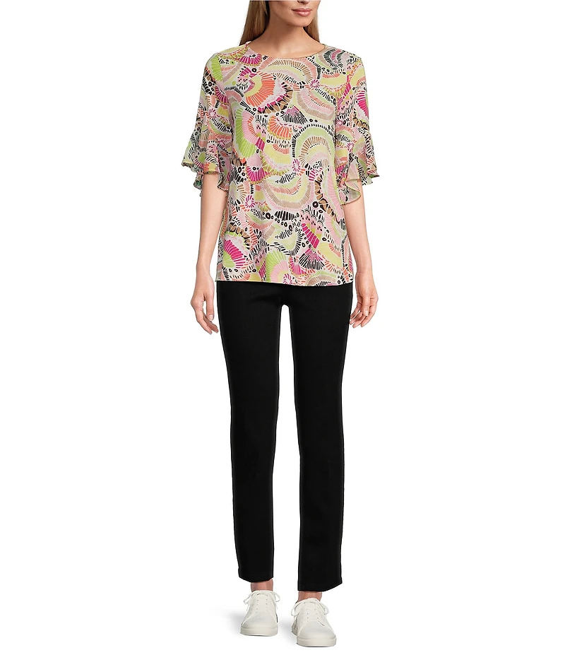 Multiples Petite Size Slub Knit Georgette Multi Print Scoop Neck 3/4 Flounce Sleeve Fitted Top