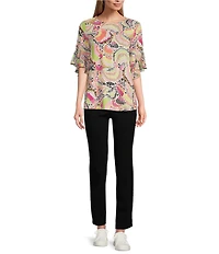 Multiples Petite Size Slub Knit Georgette Multi Print Scoop Neck 3/4 Flounce Sleeve Fitted Top