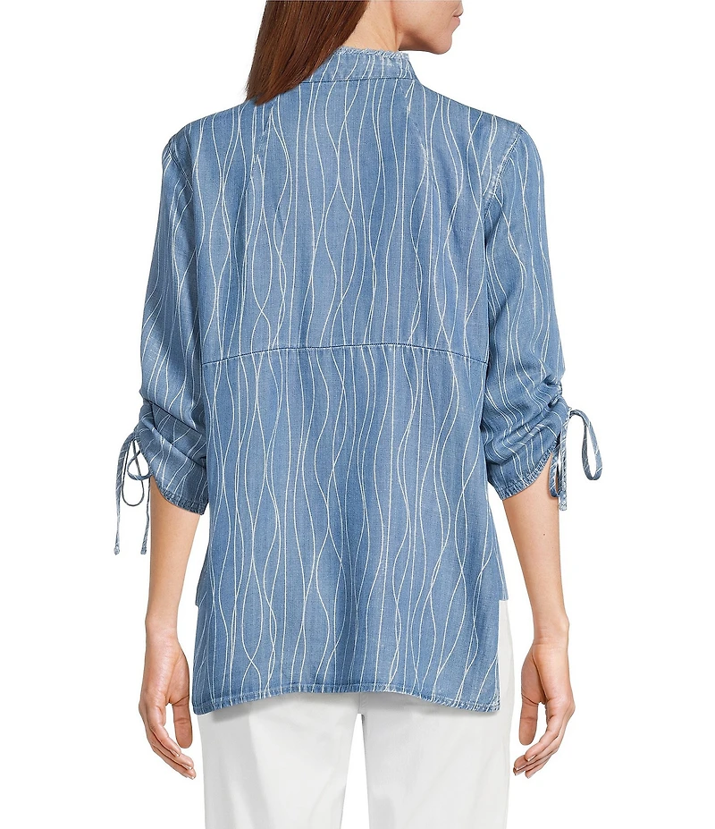Multiples Petite Size Slub Woven Printed Stand Collar 3/4 Drawstring Sleeve Hi-Low Hem Button Front Shirt