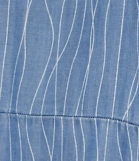 Multiples Petite Size Slub Woven Printed Stand Collar 3/4 Drawstring Sleeve Hi-Low Hem Button Front Shirt