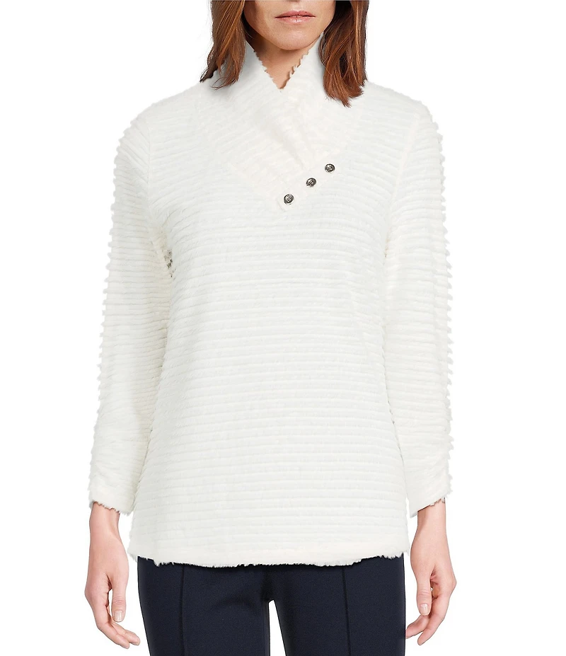 Multiples Petite Size Soft Textured Striped Knit Wrap Collar 3/4 Bungee Sleeve Top