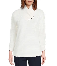 Multiples Petite Size Soft Textured Striped Knit Wrap Collar 3/4 Bungee Sleeve Top