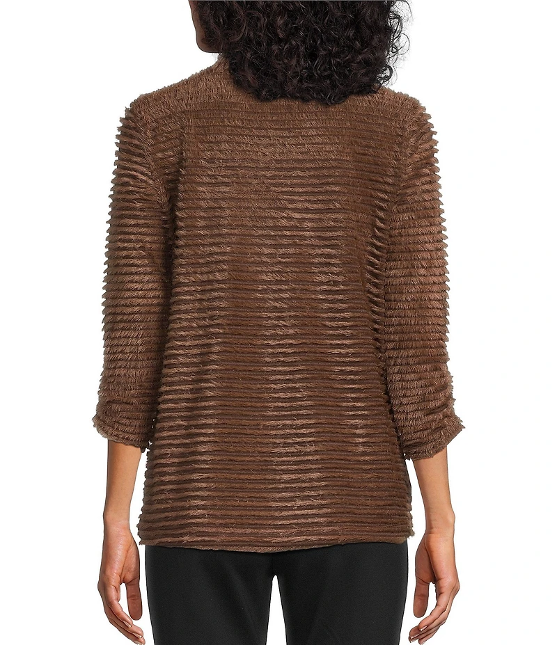 Multiples Petite Size Soft Textured Striped Knit Wrap Collar 3/4 Bungee Sleeve Top