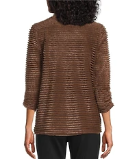 Multiples Petite Size Soft Textured Striped Knit Wrap Collar 3/4 Bungee Sleeve Top