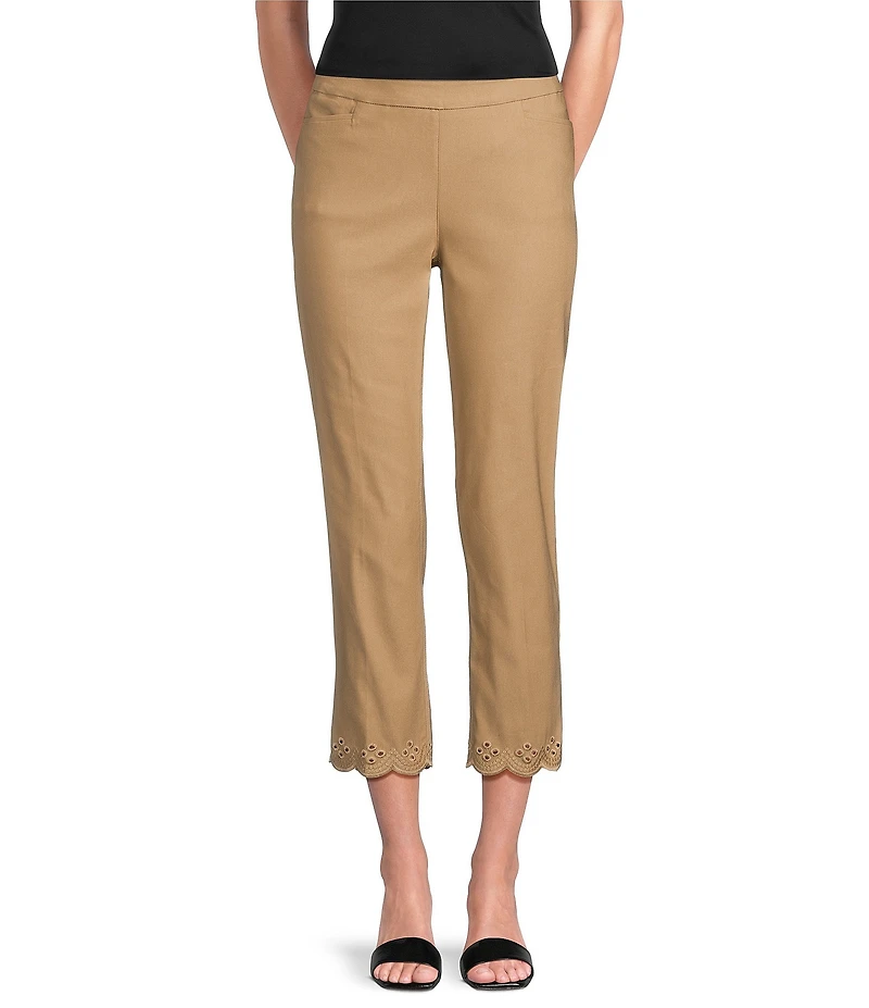 Multiples Petite Size Solid Fine Line Twill Eyelet Embroidered Hem Pull-On Ankle Pants