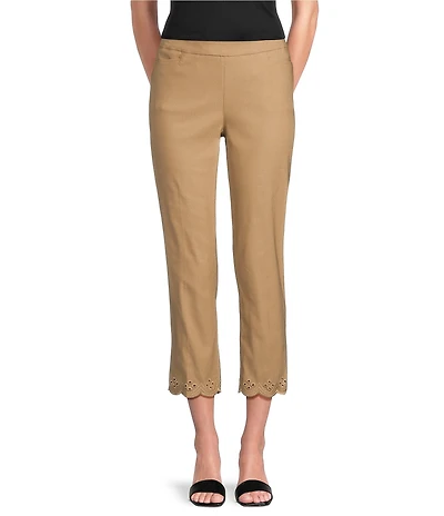 Multiples Petite Size Solid Fine Line Twill Eyelet Embroidered Hem Pull-On Ankle Pants