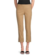 Multiples Petite Size Solid Fine Line Twill Eyelet Embroidered Hem Pull-On Ankle Pants