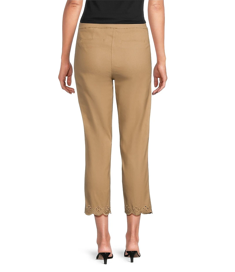 Multiples Petite Size Solid Fine Line Twill Eyelet Embroidered Hem Pull-On Ankle Pants