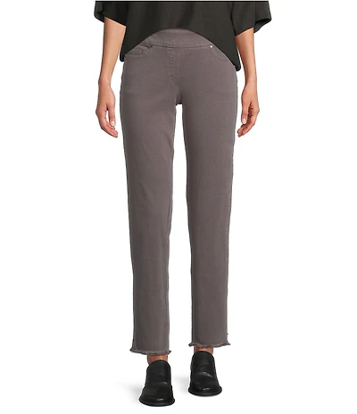 Multiples Petite Size Solid Garment Dyed Straight Leg Fringe Hem Pull-On Ankle Pants