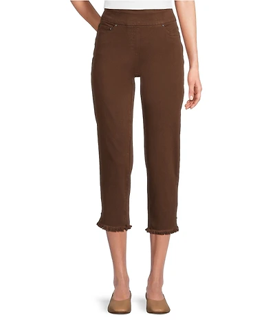 Multiples Petite Size Solid Garment Dyed Straight Leg Fringe Hem Pull-On Ankle Pants