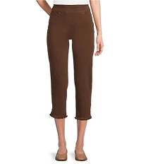 Multiples Petite Size Solid Garment Dyed Straight Leg Fringe Hem Pull-On Ankle Pants