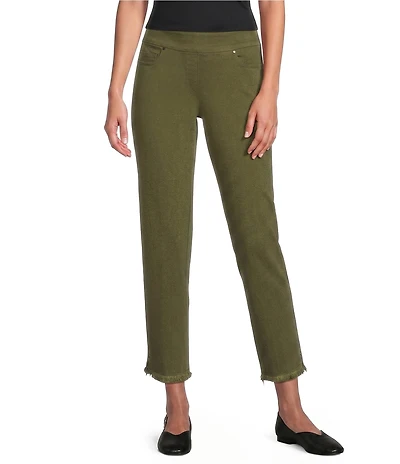 Multiples Petite Size Solid Garment Dyed Straight Leg Fringe Hem Pull-On Ankle Coordinating Pants