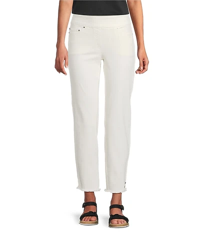 Multiples Petite Size Solid Garment Dyed Straight Leg Fringe Hem Pull-On Ankle Pants