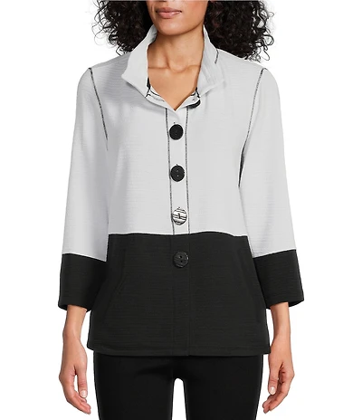 Multiples Petite Size Solid Stripe Jacquard Stand Collar 3/4 Sleeve Fitted Button Front Jacket