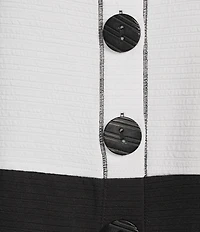 Multiples Petite Size Solid Stripe Jacquard Stand Collar 3/4 Sleeve Fitted Button Front Jacket