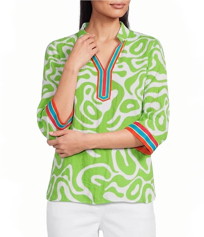 Multiples Petite Size Stand Collar 3/4 Sleeve Contrast Stripe Trim Top