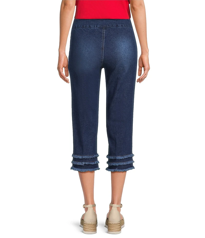 Multiples Petite Size Stretch Denim Wide Waistband Triple Fringe Hem Pull-On Jeans