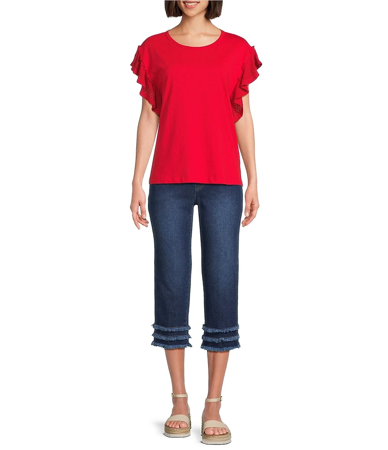 Multiples Petite Size Stretch Denim Wide Waistband Triple Fringe Hem Pull-On Jeans