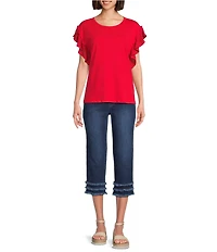 Multiples Petite Size Stretch Denim Wide Waistband Triple Fringe Hem Pull-On Jeans