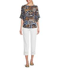 Multiples Petite Size Stretch Twill Fitted Rick-Rack Hem Detail Pull-On Pants