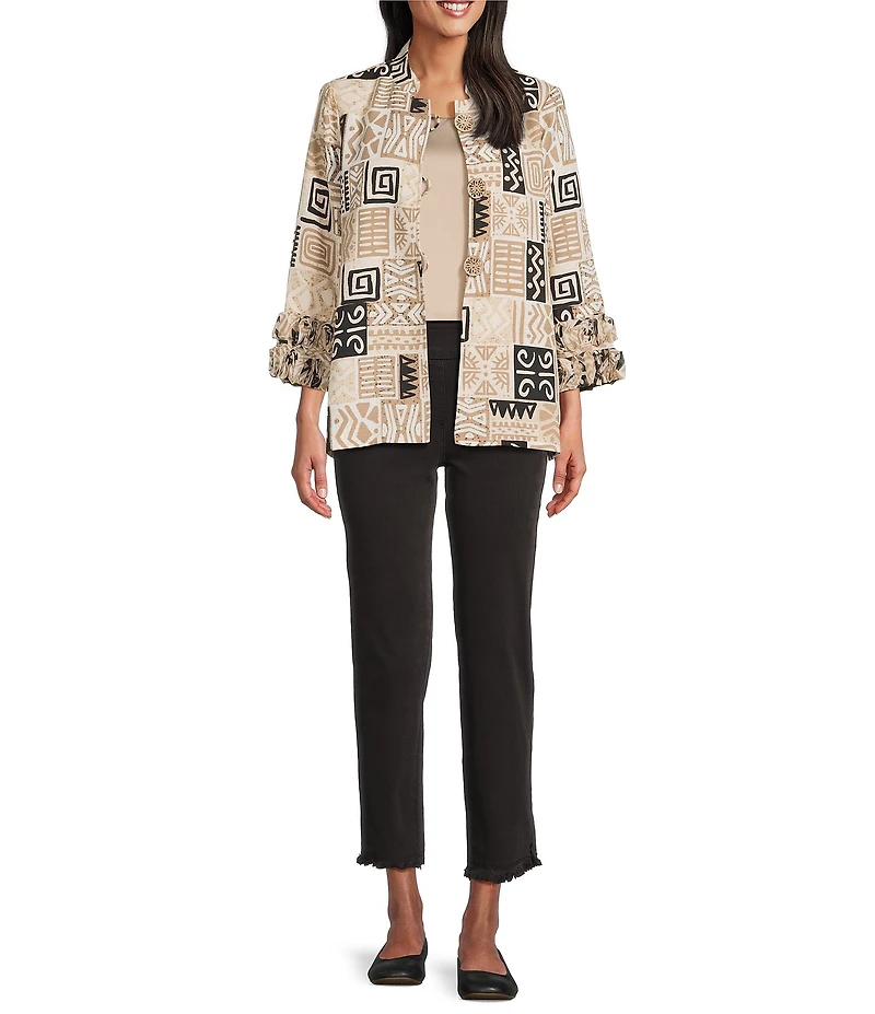 Multiples Petite Size Textured Bark Cloth Patchwork Print Banded Collar 3/4 Sleeve Button Front Jacket
