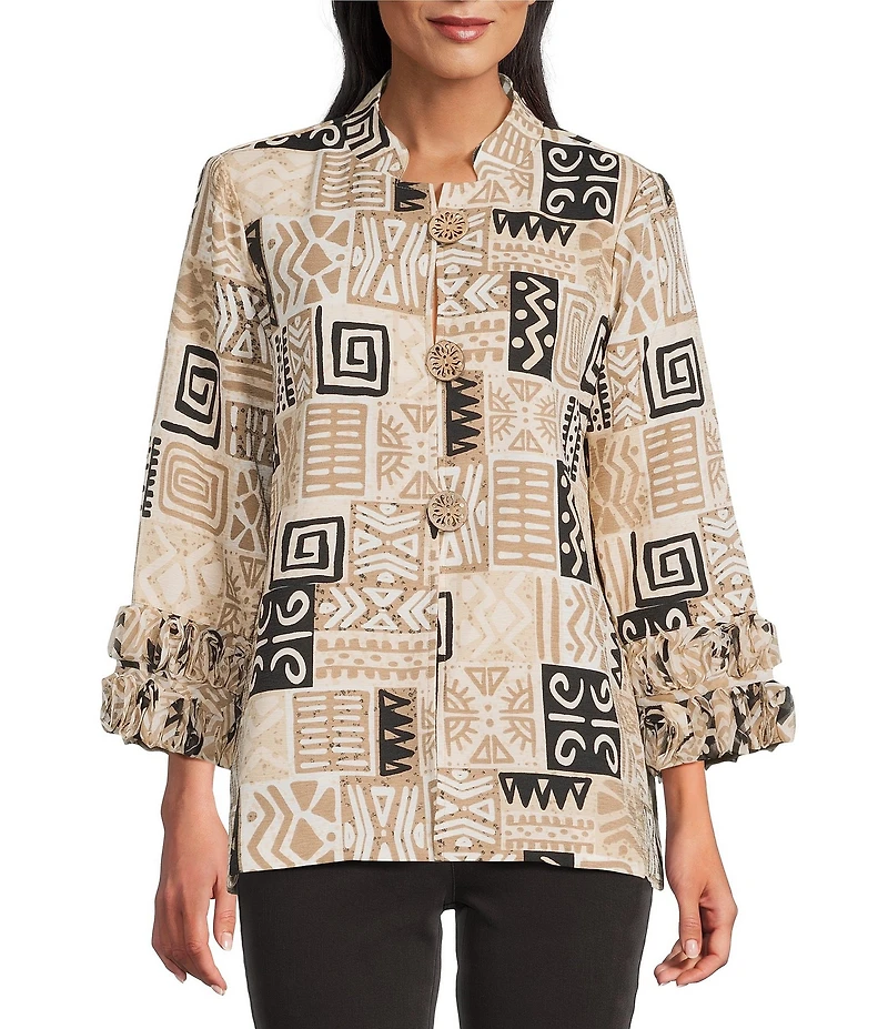 Multiples Petite Size Textured Bark Cloth Patchwork Print Banded Collar 3/4 Sleeve Button Front Jacket