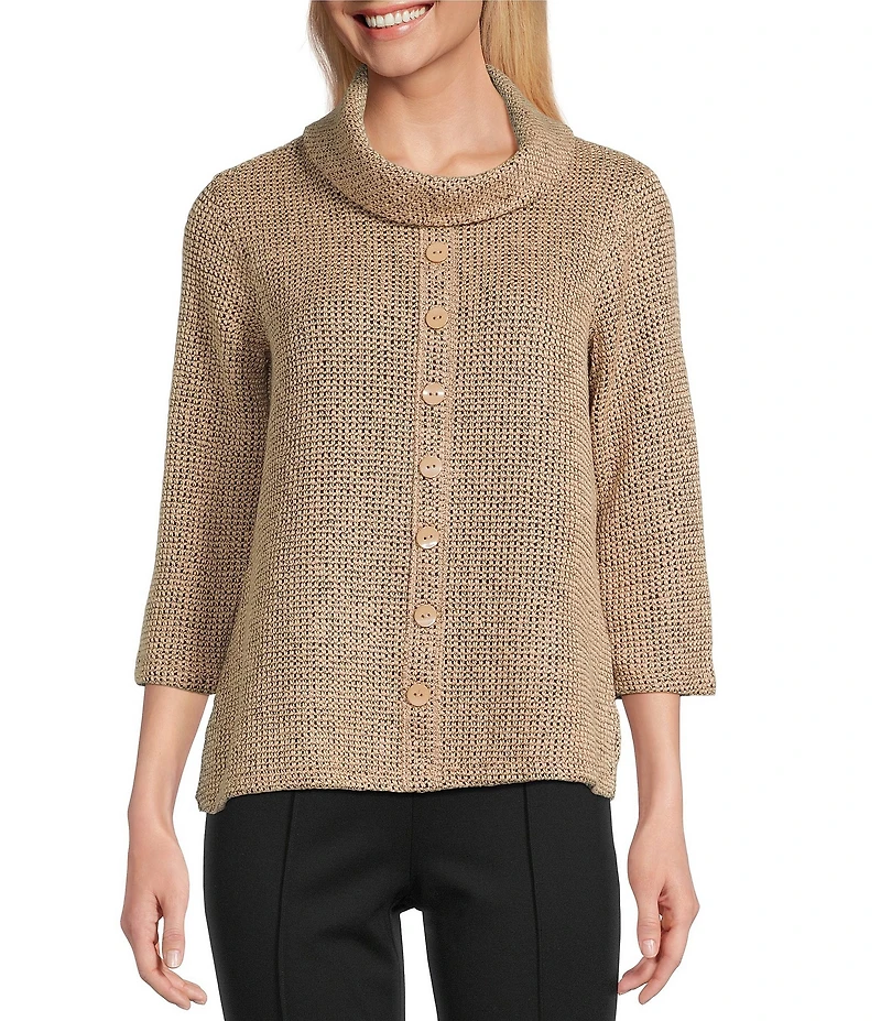 Multiples Petite Size Textured Novelty Knit Cowl Neck 3/4 Sleeve Top