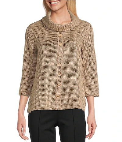 Multiples Petite Size Textured Novelty Knit Cowl Neck 3/4 Sleeve Top