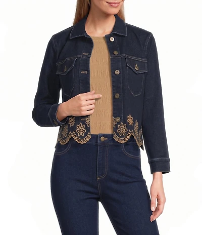 Multiples Petite Size Two-Way Stretch Denim Embroidered Scalloped Hem Button-Front Jacket