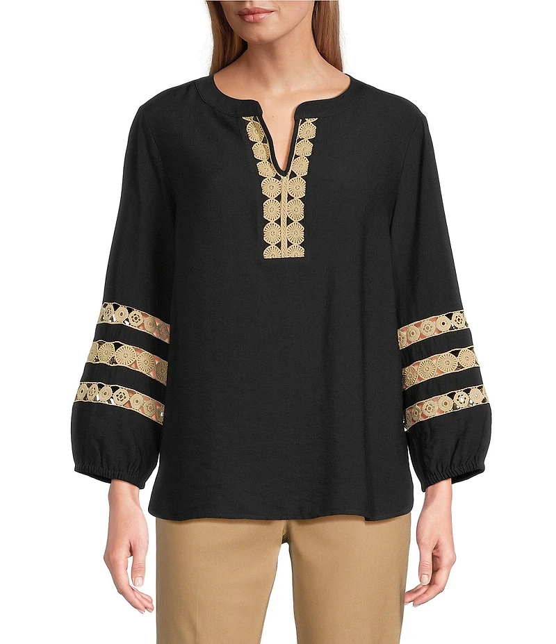 Multiples Petite Size Woven Banded Notch Neck 3/4 Inset Trim Sleeve Top