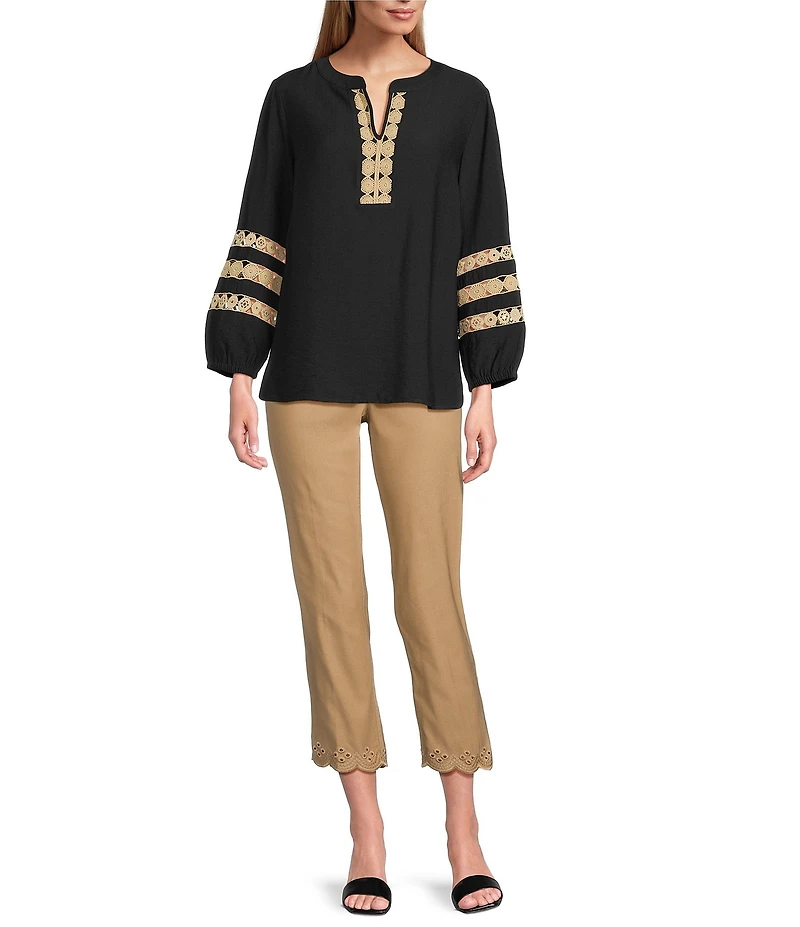 Multiples Petite Size Woven Banded Notch Neck 3/4 Inset Trim Sleeve Top