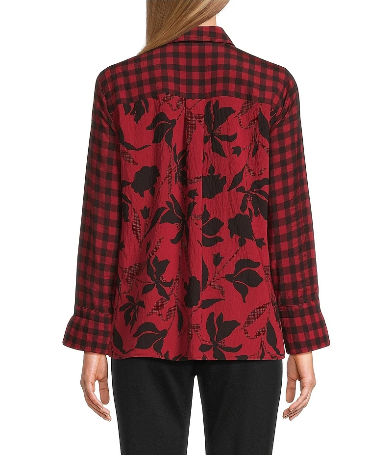 Multiples Petite Size Woven Checked Floral Print Point Collar 3/4 Turn-Up Sleeve Button-Front Shirt