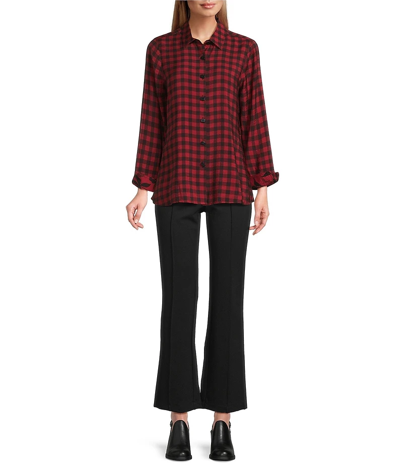 Multiples Petite Size Woven Checked Floral Print Point Collar 3/4 Turn-Up Sleeve Button-Front Shirt