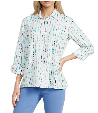 Multiples Petite Size Woven Dot Multi Print Point Collar 3/4 Turn-Up Sleeve Button Front Shirt