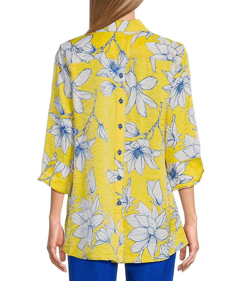 Multiples Petite Size Woven Floral Point Collar 3/4 Turn-Up Sleeve Hi-Low Button Front Shimmer Shirt