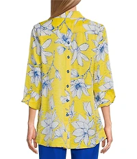 Multiples Petite Size Woven Floral Point Collar 3/4 Turn-Up Sleeve Hi-Low Button Front Shimmer Shirt