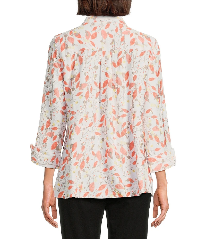 Multiples Petite Size Woven Leaf Print Point Collar 3/4 Turn-Up Sleeve Button Front Fitted Shirt