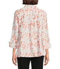 Multiples Petite Size Woven Leaf Print Point Collar 3/4 Turn-Up Sleeve Button Front Fitted Shirt