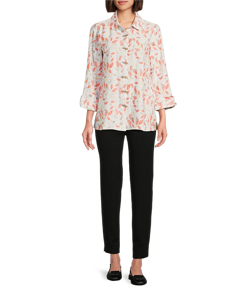 Multiples Petite Size Woven Leaf Print Point Collar 3/4 Turn-Up Sleeve Button Front Fitted Shirt