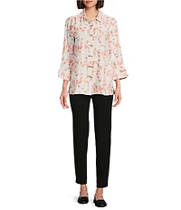 Multiples Petite Size Woven Leaf Print Point Collar 3/4 Turn-Up Sleeve Button Front Fitted Shirt
