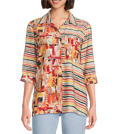 Multiples Petite Size Woven Multi Print Point Collar 3/4 Sleeve Button Front Fitted Shirt