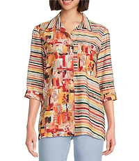 Multiples Petite Size Woven Multi Print Point Collar 3/4 Sleeve Button Front Fitted Shirt